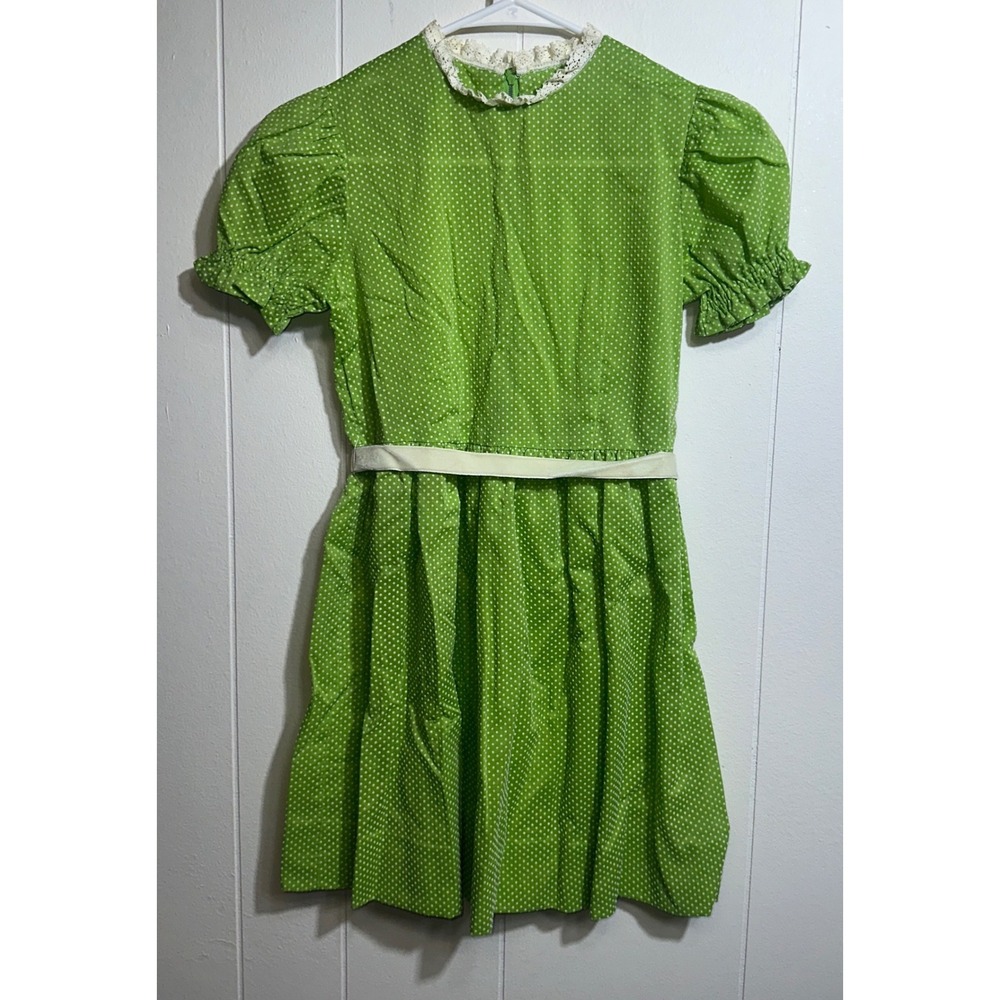 Vintage Girls Lime Green Polka Dot Lace Trim Puff Sleeve Dress Waist Tie Sash